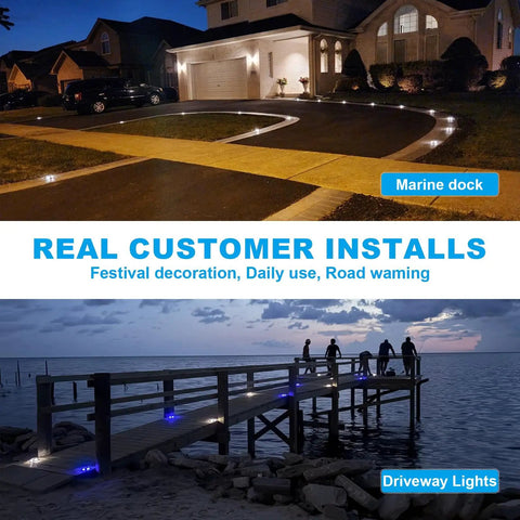 8 Pack Solar Dock Lights White Blue Two Color Switchable installed on driveway and dock, showcasing waterproof marine grade LED lighting.