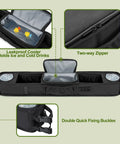 No Drill Front Golf Cart Storage Tray With Cooling Compartment All In One Organizer showing compartments and zipper.