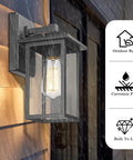 2 Pack Outdoor Wall Sconces Lantern Lights With Seeded Glass In Black Finish, Weatherproof Aluminum Exterior Fixtures For Porch House Garage Patio Yard Garden, IP44 Rated And Built To Withstand Rain, mounted on house wall during rain