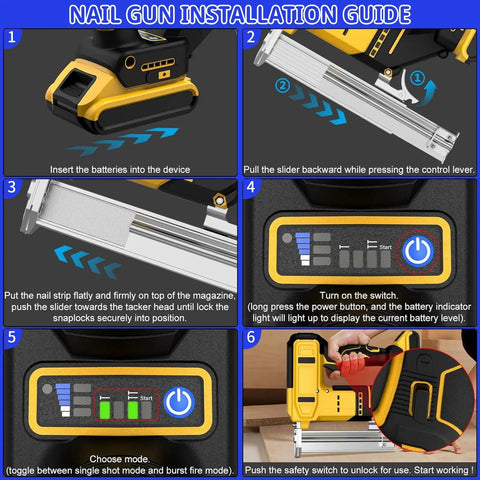Installation guide for Heavy Duty 18 Gauge Cordless Brad Nailer And Electric Staple Gun with step-by-step visuals.