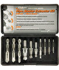 10 Piece Master Bolt Extractor Kit with Self Centering Bell Head Drills, open case with visible tools