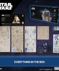 R2 D2 3D Wooden Puzzle Kit For Adults With Moving Parts And LED Projection Light showing all kit components