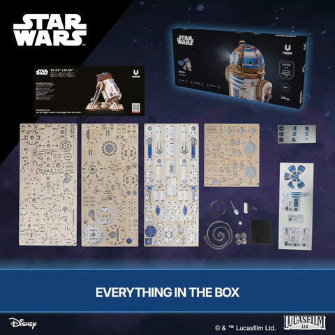 R2 D2 3D Wooden Puzzle Kit For Adults With Moving Parts And LED Projection Light showing all kit components