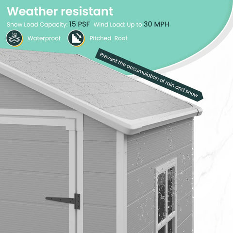 Weather-resistant roof of Outdoor Resin Storage Shed 6 By 4.5 Feet Lockable Plastic Garden Shed For Bikes Tools Gear And Garbage Cans Gray And White Ideal For Backyards Patios And Lawns