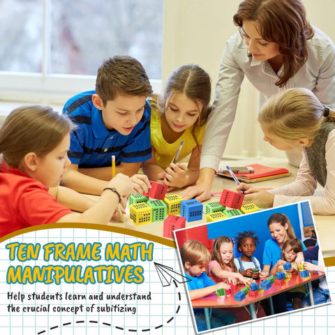 Children using Ten Frame Foam Dice Set For Classroom Math 20 Colorful 2 Inch Dice In Red Green Blue Yellow with teacher guidance.