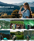 Woman using 12x60 HD Monocular Telescope with Smartphone Adapter, Tripod, and Hand Strap for bird watching in mountains.