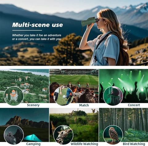 Woman using 12x60 HD Monocular Telescope with Smartphone Adapter, Tripod, and Hand Strap for bird watching in mountains.