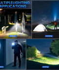 4 scenarios showcasing 3 Pack Rechargeable 99,000 Lumens LED Flashlights With Adjustable Focus And 5 Modes IPX7 Waterproof use