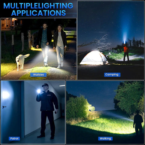 4 scenarios showcasing 3 Pack Rechargeable 99,000 Lumens LED Flashlights With Adjustable Focus And 5 Modes IPX7 Waterproof use