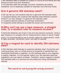 Infographic about stainless steel types and measuring accuracy, featuring vernier calipers and tape measures.