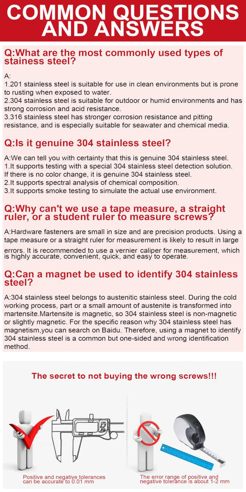 Infographic about stainless steel types and measuring accuracy, featuring vernier calipers and tape measures.
