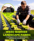 Man installing Heavy Duty 4 Foot By 300 Foot Weed Barrier Landscape Fabric 3.2 Oz Woven Geotextile Ground Cover for Gardens
