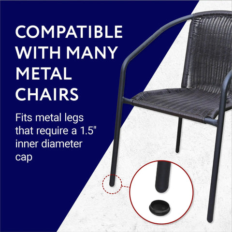 Patio Chair Feet Caps 1.5 Inch Black 32 Pack UV Resistant Plastic Furniture Leg Caps compatible with 1.5-inch legs.