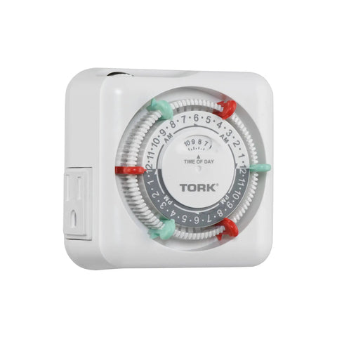 Heavy Duty Indoor Mechanical Appliance Timer With Dual Receptacles Boasts 15 Amp Rating Plus Set It And Forget It Programming For Lamps And Small Household Items, white design with programmable dial.