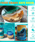 Fast Cure 1 Gallon Epoxy Resin Kit with Quick Dry Formula used for artistic resin coasters, table, and cup with ocean theme design.