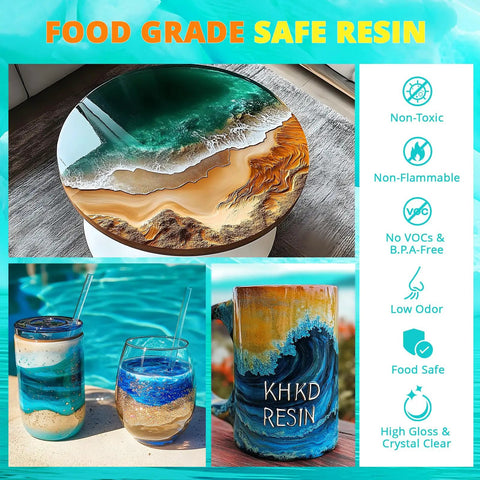 Fast Cure 1 Gallon Epoxy Resin Kit with Quick Dry Formula used for artistic resin coasters, table, and cup with ocean theme design.