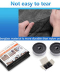 Hands holding roll up garage door screen material, magnetic screen door packaging, and accessories displayed with text about durability.