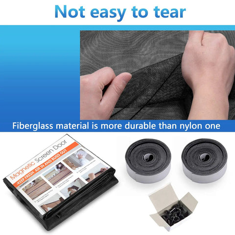 Hands holding roll up garage door screen material, magnetic screen door packaging, and accessories displayed with text about durability.