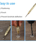 Steps showing 2 Pack Automatic Center Punch 5 Inch Spring Loaded Center Punch Tool Heavy Duty Steel Marking for precise drilling.