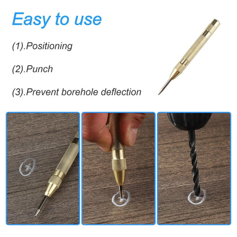 Steps showing 2 Pack Automatic Center Punch 5 Inch Spring Loaded Center Punch Tool Heavy Duty Steel Marking for precise drilling.