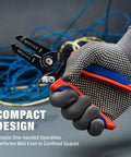 Gloved hand holding Beast Of A Wire Stripper And Cutter For 10 To 20 AWG Stranded And Solid Wire with blue and red handle.