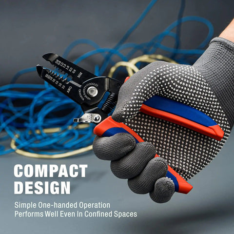 Gloved hand holding Beast Of A Wire Stripper And Cutter For 10 To 20 AWG Stranded And Solid Wire with blue and red handle.