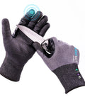 ANSI A9 Cut Resistant Work Gloves With BCOMB Breathable Grippy Fabric Extended Thumb Reinforcement shown holding knife