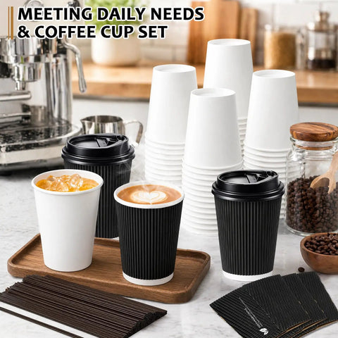 50 Pack 12 Oz Disposable Coffee Cups With Lids And Straws Insulated To Go Paper Cups With Detachable Corrugated Sleeves Black