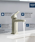 Tallinn Single Hole Bathroom Faucet With Single Handle In Chrome 1.2 GPM Drip Free Ceramic Disc Valve Durable Metal Spout And Lever Easy Deck Plate Install For 1 Or 3 Hole Sinks, shown with smooth handle operation, chrome finish, and water running