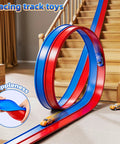 15 Ft Flexible Race Track Set For Kids Ages 3 8 With 2 Small Cars in loop design on staircase with cars and suppleness inset