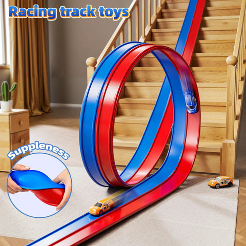 15 Ft Flexible Race Track Set For Kids Ages 3 8 With 2 Small Cars in loop design on staircase with cars and suppleness inset