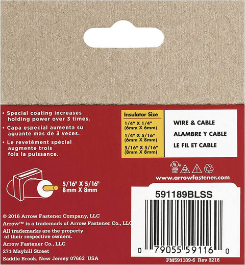 Back view of packaging for T59 Insulated Stainless Steel Cable Staples showing specifications and barcode