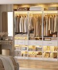 Massive 100 Inch White Closet Organizer With Four Roomy Wooden Drawers And Four Heavy Duty Hanging Rods Featuring Sixteen Handy Cubby Storages For A Quick Walk In Wardrobe Setup That Is A Total No Brainer, showcasing organized clothing and storage.