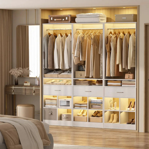 Massive 100 Inch White Closet Organizer With Four Roomy Wooden Drawers And Four Heavy Duty Hanging Rods Featuring Sixteen Handy Cubby Storages For A Quick Walk In Wardrobe Setup That Is A Total No Brainer, showcasing organized clothing and storage.