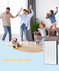 Family dancing with dog, showcasing Two Pack True HEPA Filter Replacement For Filtrete Room Air Purifier Models for fresher indoor air.