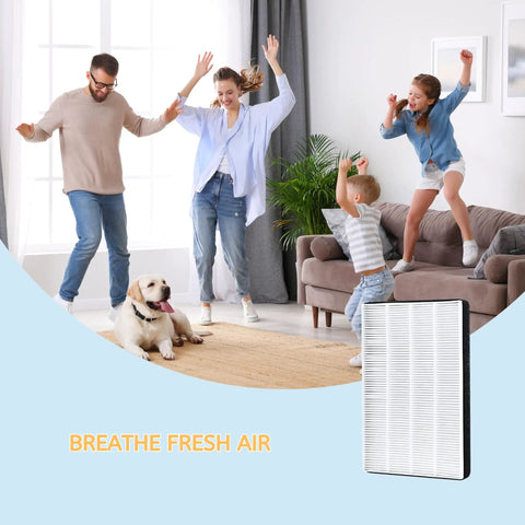 Family dancing with dog, showcasing Two Pack True HEPA Filter Replacement For Filtrete Room Air Purifier Models for fresher indoor air.