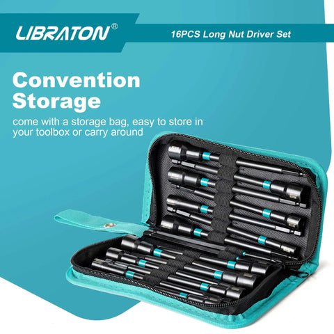 Open storage bag displaying Magnetic Nut Driver Set 16-Piece Long 6-Inch Shank For Impact Drill, Metric And SAE Nutdrivers.
