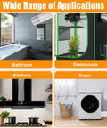 Product collage showing 12 Ft Flexible Aluminum Dryer Duct With Clamps 4 Inch Vent Hose used in bathroom, greenhouse, kitchen, and dryer