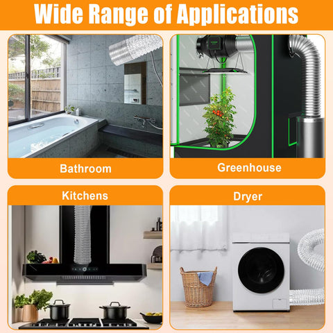 Product collage showing 12 Ft Flexible Aluminum Dryer Duct With Clamps 4 Inch Vent Hose used in bathroom, greenhouse, kitchen, and dryer