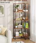 Top Notch 5 Tier L Shaped Corner Bookshelf 60 Inch Tall Modern Shelving Unit For Home Office Wall Storage Organizer And Display Rack with rustic brown shelves.