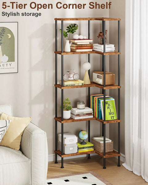 Top Notch 5 Tier L Shaped Corner Bookshelf 60 Inch Tall Modern Shelving Unit For Home Office Wall Storage Organizer And Display Rack with rustic brown shelves.