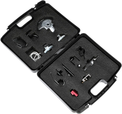 Open carrying case with components for Stretch Fit Belt Tool For Easy No Brainer Damage Free Belt Installations And Fast Precise Automotive Maintenance