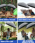 Kick Back In Comfort With This Solid 2 Pack Clip On Chair Umbrella Featuring Heavy Duty Swivel Clamp For Top Shelf Upf Fifty Plus Sun Shield On Beach Patio Or Golf Carts, shown in four outdoor settings.
