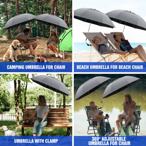 Kick Back In Comfort With This Solid 2 Pack Clip On Chair Umbrella Featuring Heavy Duty Swivel Clamp For Top Shelf Upf Fifty Plus Sun Shield On Beach Patio Or Golf Carts, shown in four outdoor settings.
