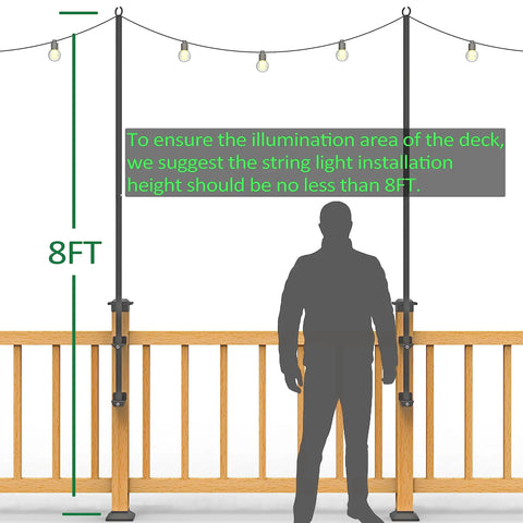 Two Pack Stainless Steel String Light Poles, 6.5 Ft Deck Lights Poles With 2 Wall Hooks, outdoor post installation illustration