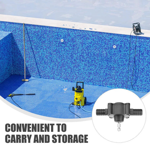 Drill Powered Transfer Pump For No Fuss Self Priming Water Oil Or Gasoline Flow seen in use with pool cleaning setup.