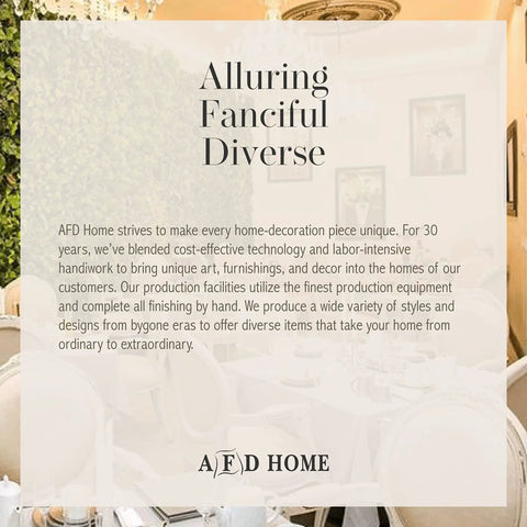 Text overlay on home decor scene, highlighting AFD Home's unique designs and craftsmanship in furniture and art pieces.