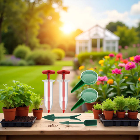 Six Piece Mini Seed Dispenser Set Handheld Seed Planter Tools For Precise Planting In Gardens And Lawns Includes Dibber And Widger