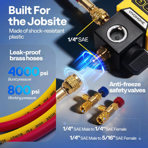 Digital HVAC Manifold Gauge Kit With Wired Temperature Probe Dual Hoses For R134a R410a R32 R1234yf R454B Recharge Pressure And Temperature Test Leak Detection Pro Grade All In One Diagnostic Tool, brass hoses and SAE fittings