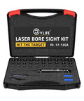 Laser Bore Sight Kit With 32 Adapters For 0.17 To 12 GA Calibers in black foam carrying case, visible adapters and tools